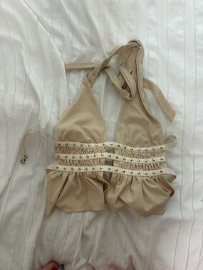 Edikted Beige Studded Halter Tank Top